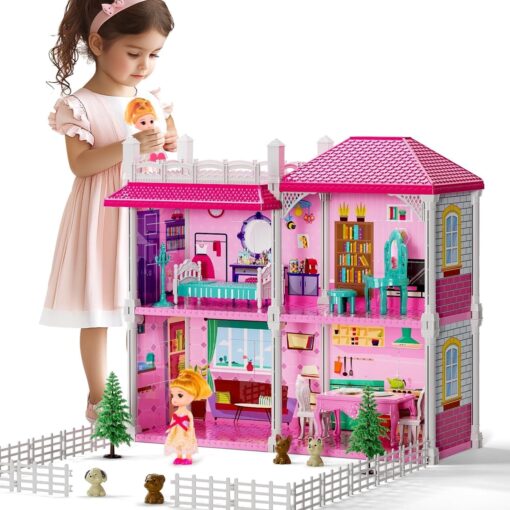 Villa Dollhouse for Girls Ages 2-7 - DIY Pretend Play Toy House with Furniture & Accessories - Indoor/Outdoor Fun