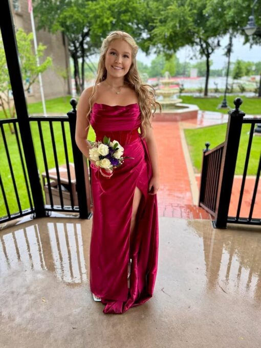 Women's Cowl Neck Satin Prom Dress Long Strapless Slit Ruched Formal Evening Gown Bridesmaid Dress - Image 3