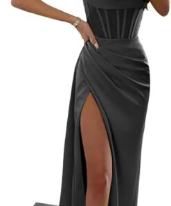 Women's Cowl Neck Satin Prom Dress Long Strapless Slit Ruched Formal Evening Gown Bridesmaid Dress