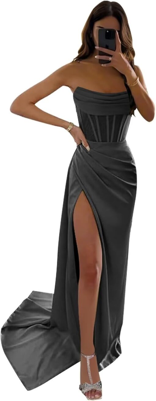 Women's Cowl Neck Satin Prom Dress Long Strapless Slit Ruched Formal Evening Gown Bridesmaid Dress