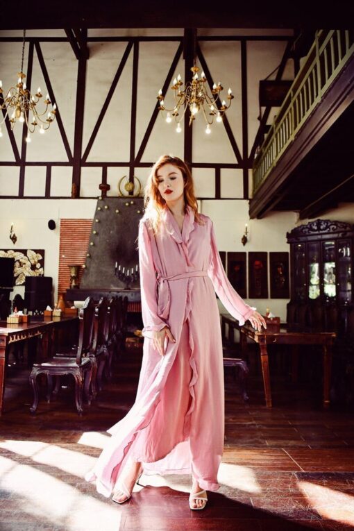 Women's Silk Robe with Ruffle Sleeves - Elegant Long Lightweight Dressing Gown - Image 2