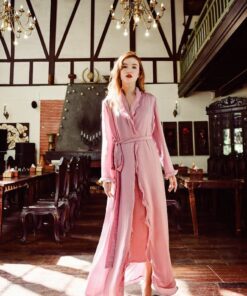 Women's Silk Robe with Ruffle Sleeves - Elegant Long Lightweight Dressing Gown