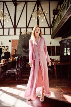 Women's Silk Robe with Ruffle Sleeves - Elegant Long Lightweight Dressing Gown