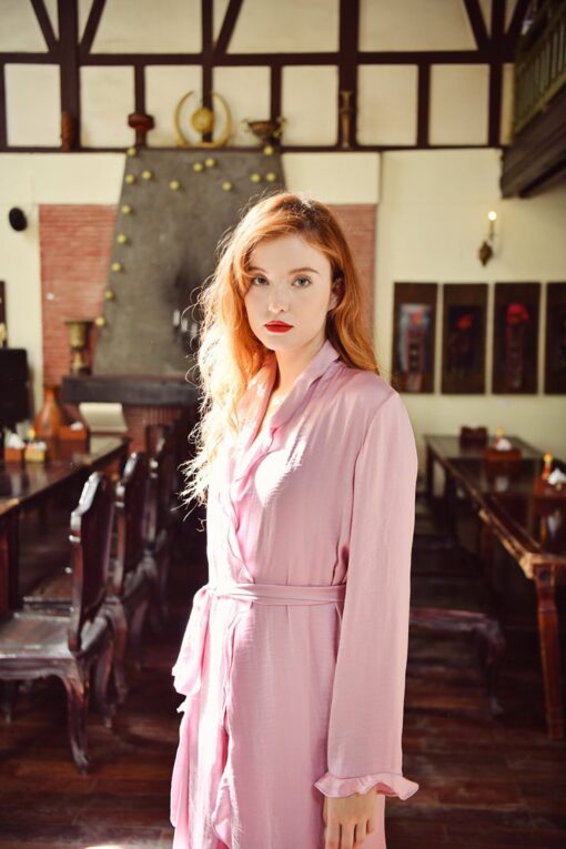 Women's Silk Robe with Ruffle Sleeves - Elegant Long Lightweight Dressing Gown - Image 3