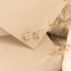 Dainty Diamond Flower Stud Earrings - Sterling Silver Floral Jewelry - Wedding & Everyday Item for Mom