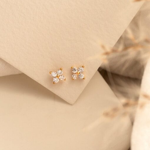 Dainty Diamond Flower Stud Earrings - Sterling Silver Floral Jewelry - Wedding & Everyday Item for Mom
