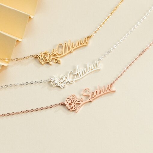 Personalized Birth Flower Name Necklace - Custom Gold Name Jewelry - Mother's Day Item - Image 2