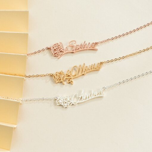 Personalized Birth Flower Name Necklace - Custom Gold Name Jewelry - Mother's Day Item - Image 3