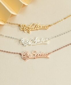 Personalized Birth Flower Name Necklace - Custom Gold Name Jewelry - Mother's Day Item