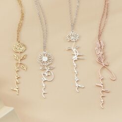 Personalized Birth Flower Name Necklace - Custom Gold Rose Jewelry - Mother's Day Item