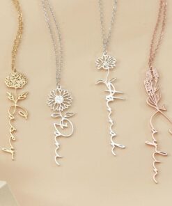 Personalized Birth Flower Name Necklace - Custom Gold Rose Jewelry - Mother's Day Item