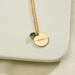 Personalized Birthstone Necklace - Engraved Name Disc Pendant - Bridesmaid Item for Mom - Sterling Silver