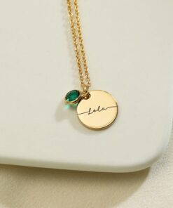 Personalized Birthstone Necklace - Engraved Name Disc Pendant - Bridesmaid Item for Mom - Sterling Silver