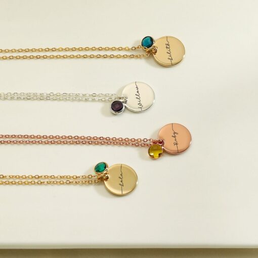 Personalized Birthstone Necklace - Engraved Name Disc Pendant - Bridesmaid Item for Mom - Sterling Silver - Image 4