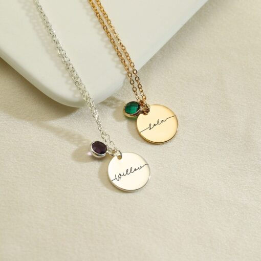 Personalized Birthstone Necklace - Engraved Name Disc Pendant - Bridesmaid Item for Mom - Sterling Silver - Image 2