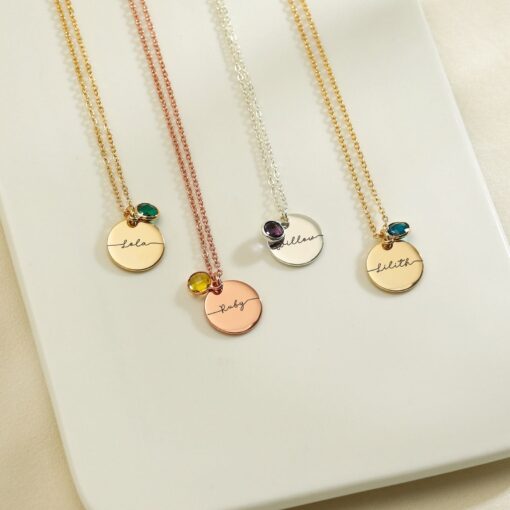 Personalized Birthstone Necklace - Engraved Name Disc Pendant - Bridesmaid Item for Mom - Sterling Silver - Image 5