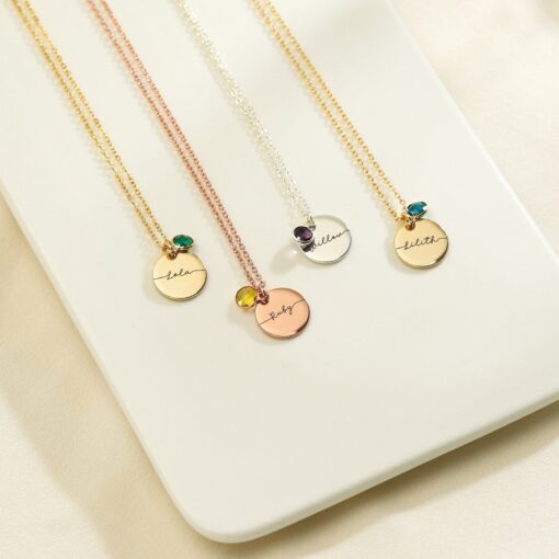 Personalized Birthstone Necklace - Engraved Name Disc Pendant - Bridesmaid Item for Mom - Sterling Silver - Image 3