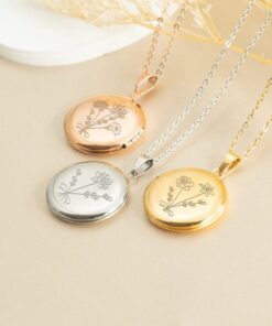 Personalized Family Photo Locket Necklace - Custom Birth Flower Bouquet - Memorial Jewelry - Christmas Item for Mom/Grandma