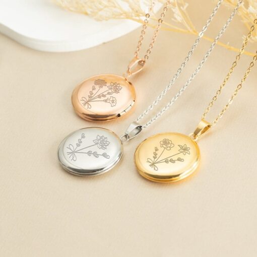 Personalized Family Photo Locket Necklace - Custom Birth Flower Bouquet - Memorial Jewelry - Christmas Item for Mom/Grandma