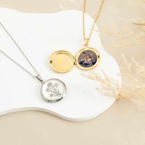 Personalized Family Photo Locket Necklace - Custom Birth Flower Bouquet - Memorial Jewelry - Christmas Item for Mom/Grandma - Image 2