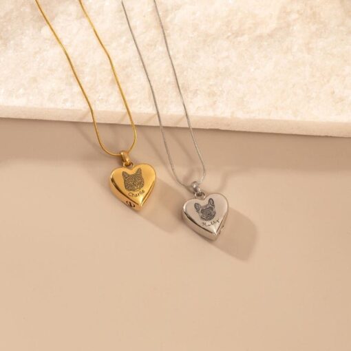 Personalized Pet Portrait Cremation Necklace - Engraved Heart Urn - Dog/Cat Memorial Ash Keepsake Jewelry