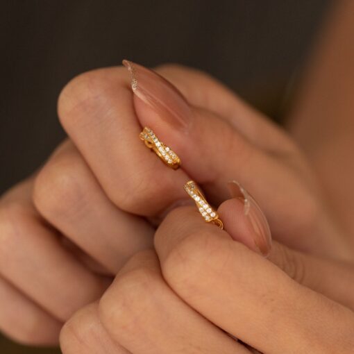Sterling Silver Hoop Earrings - Pave Gold Huggies - Diamond Minimalist Hoops - Item for Her - Image 3