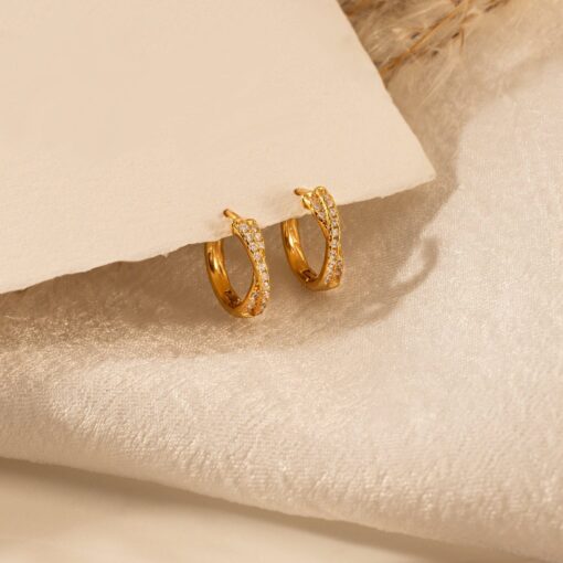 Sterling Silver Hoop Earrings - Pave Gold Huggies - Diamond Minimalist Hoops - Item for Her - Image 2